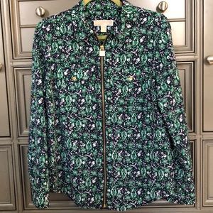 Michael Kors Flower Print Zip-Up Blue Green Top